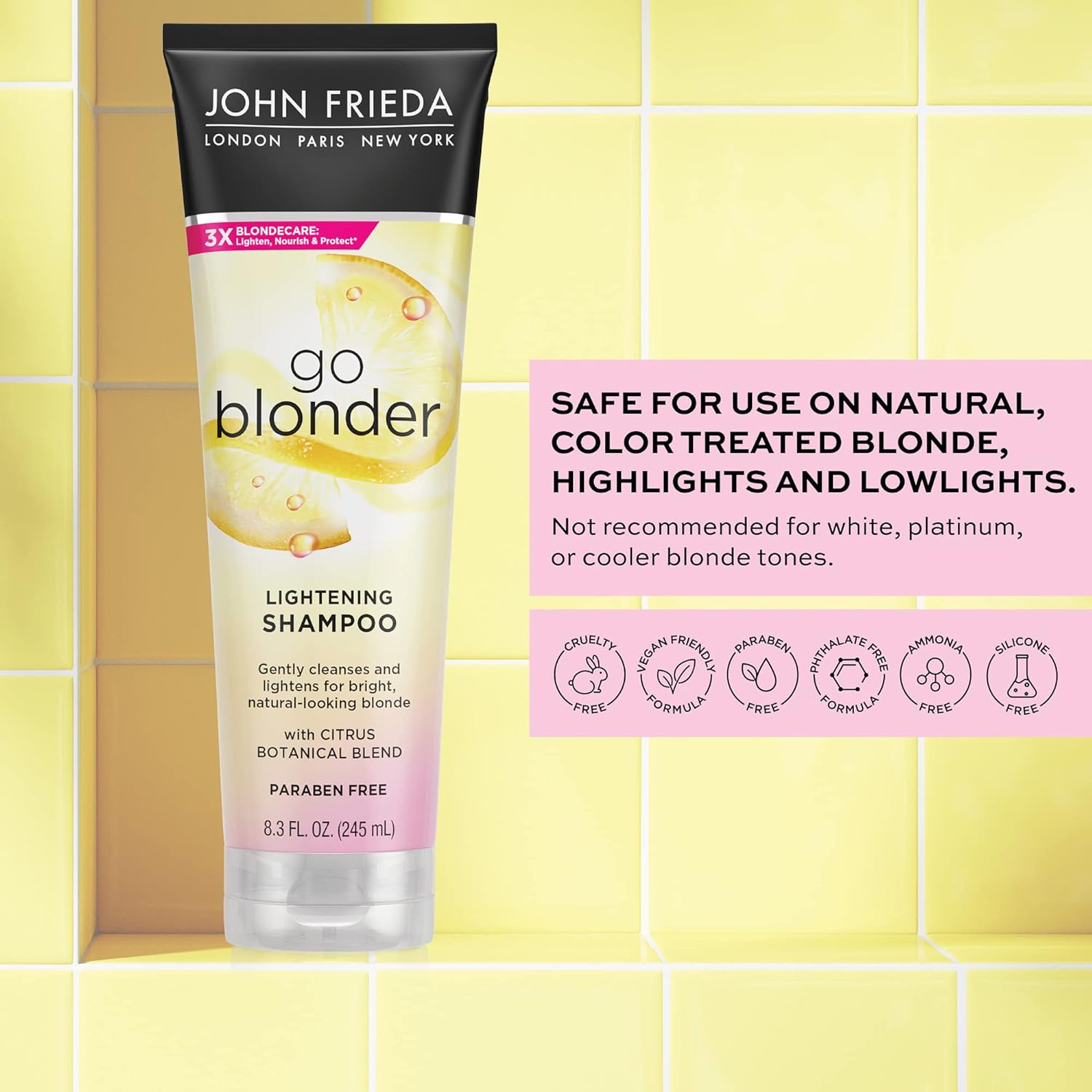 John Frieda Go Blonder Lightening Shampoo for Blonde Color-Treated Hair, Paraben Free, Phthalate Free, Silicone Free, Ammonia Free, Cruelty Free, Vegan Friendly Blonde Shampoo 8.3 oz Bottle : Beauty & Personal Care