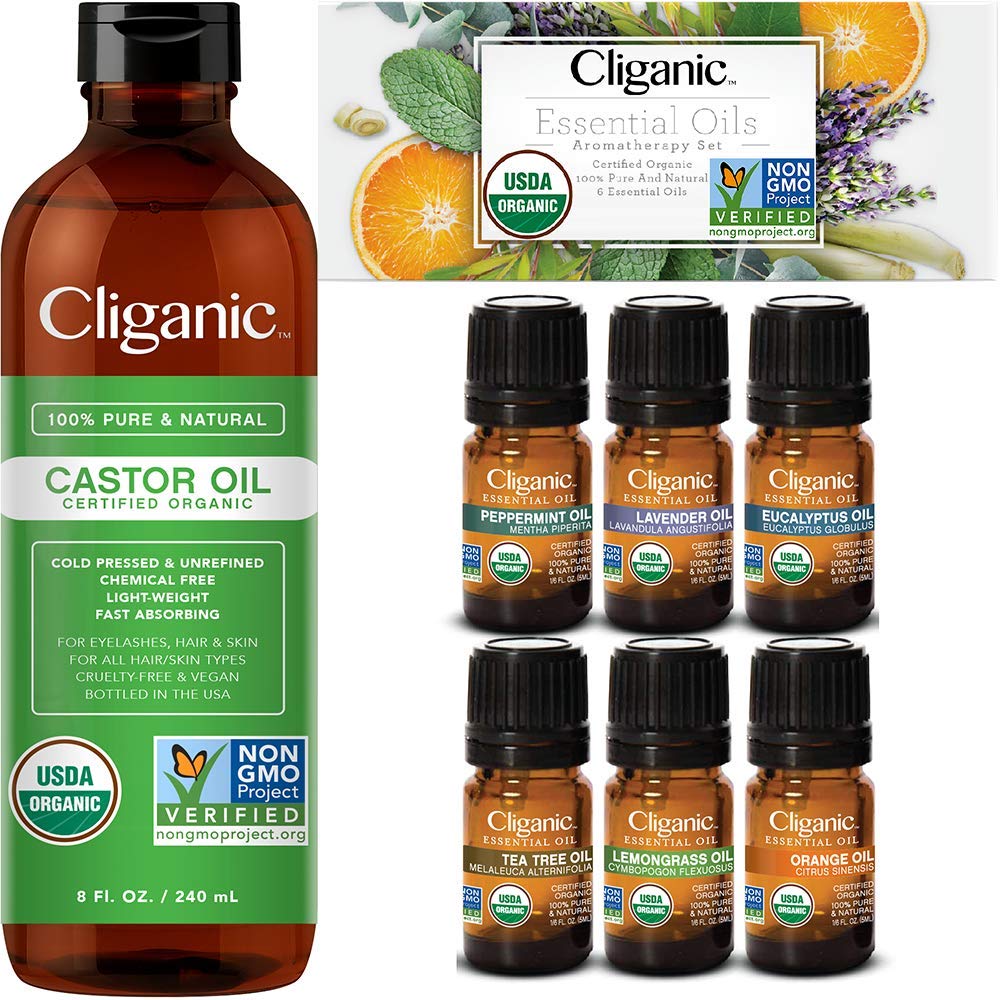 Cliganic Organic Castor Oil With Top 6 Essential Oils Set