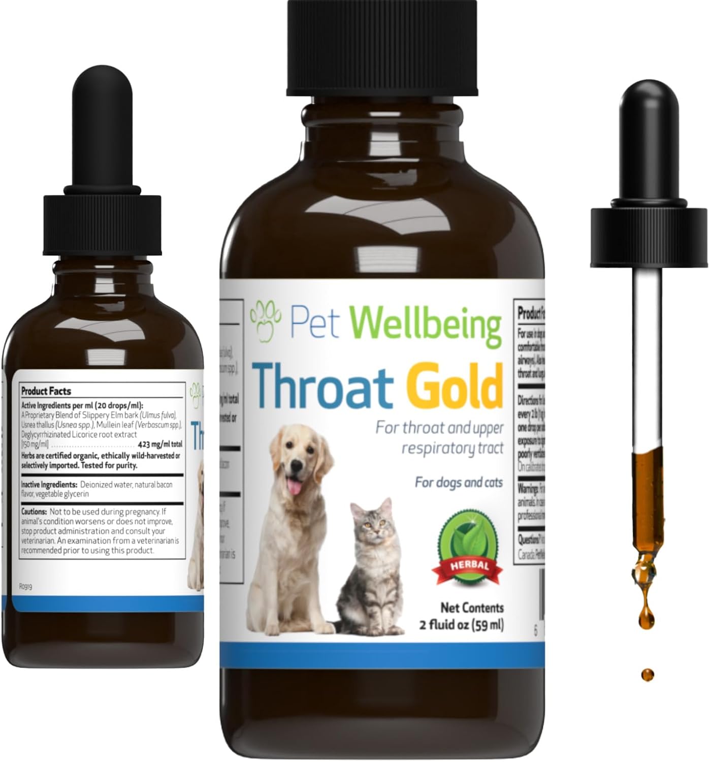 Pet Wellbeing Throat Gold For Cats - Vet-Formulated - Soothes Throat Discomfort And Occasional Cough, Supports Upper Respiratory Tract - Natural Herbal Supplement 2 Oz (59 Ml)