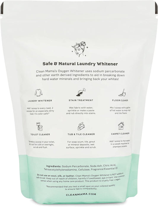 Clean Mama Natural Oxygen Whitener and Stain Remover - Color-Safe Natural Bleach Alternative - Plant-Derived Oxygen Powder, Whitens & Brightens Whites and Colors - Sweet Mint, 2.53 lbs