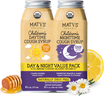 Matys Organic Kids Cough Syrup Day & Night Combo For Children 1 Year +, Soothing Cough Relief W/Zinc, Melatonin & Dye Free, 2 Bottles, 6 Fl Oz Each