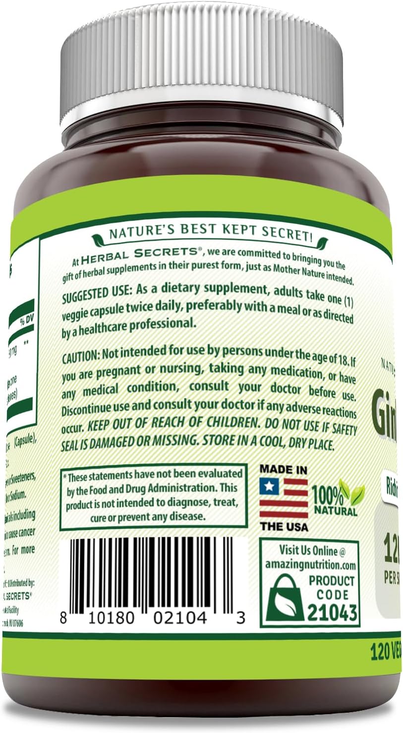 Herbal Secrets Ginkgo Biloba Supplement 120mg 120 Capsules | Standardized to Contain 24% Ginkgo Flavone Glycosides | Non-GMO | Gluten Free | Made in USA : Health & Household