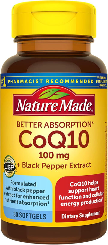 Nature Made Coq10 100Mg With Black Pepper Extract For Enhanced Nutrient Absorption, Dietary Supplement For Heart Health Support, 30 Softgels, 30 Day Supply