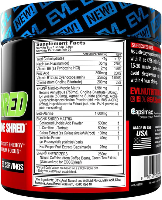 Evl Ultimate Pre Workout Powder - Thermogenic Fat Burn Support Preworkout Powder Drink For Lasting Energy Focus And Stamina - Engn Shred Intense Creatine Free Preworkout Drink Mix - Fruit Punch