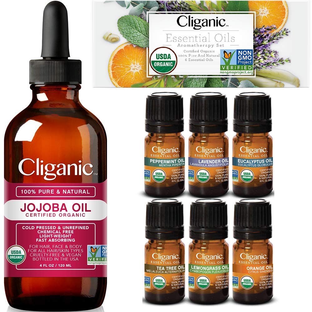 Cliganic Organic Jojoba Oil With Top 6 Organic Essential Oils Set