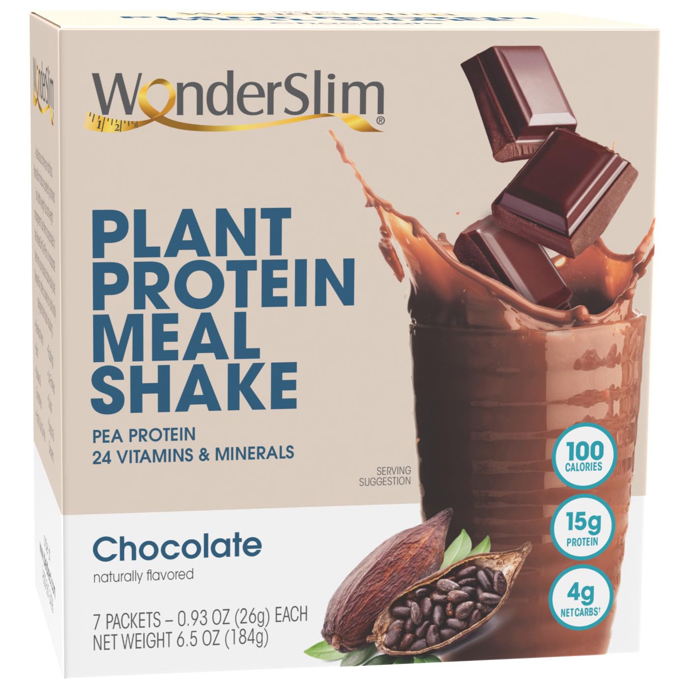 WonderSlim Plant Based Meal Replacement Shake, Chocolate, 15g Protein, Keto Friendly & Low Carb, Low Sugar, Gluten, Soy, & Dairy Free (7ct)