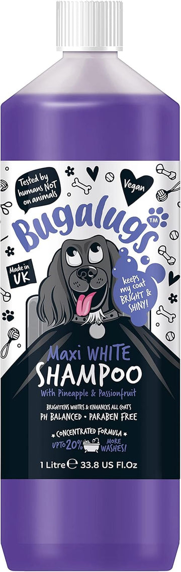 BUGALUGS Dog Shampoo – Whitening & Brightening Coat Enhancer for all coat colours, best vegan puppy dog grooming shampoo & conditioner with a Pineapple & Passionfruit (1 Litre)?Dog Shampoo