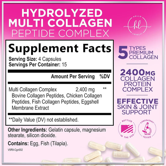 Multi Collagen Peptides For Women - Best Collagen Hydrolyzed Complex 5 Types, Grass Fed Peptides For Hair, Skin, Nail, Bone & Joint Health Support, Collagen Powder Caps For Women & Men - 60 Capsules