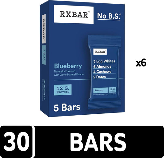 Rxbar Protein Bars, 12G Protein, Gluten Free Snacks, Blueberry (6 Boxes, 30 Bars)