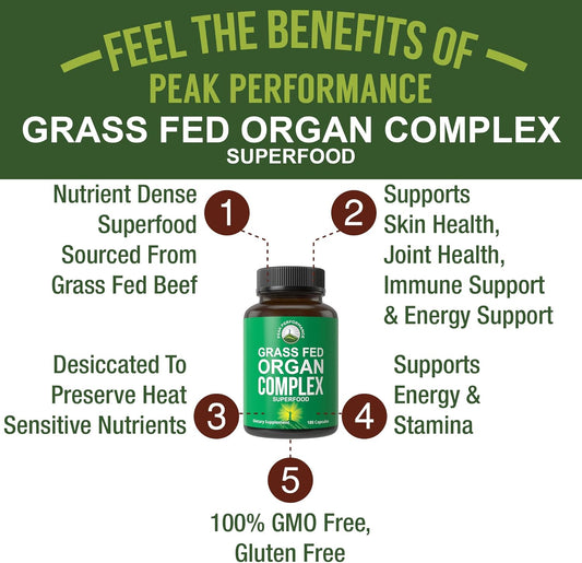 Peak Performance Grass Fed Beef Organ Complex From New Zealand (180 Capsules) Desiccated Organs Superfood Pills. Grassfed Beef Liver Capsules With Heart, Kidney, Pancreas, Spleen. Supplement