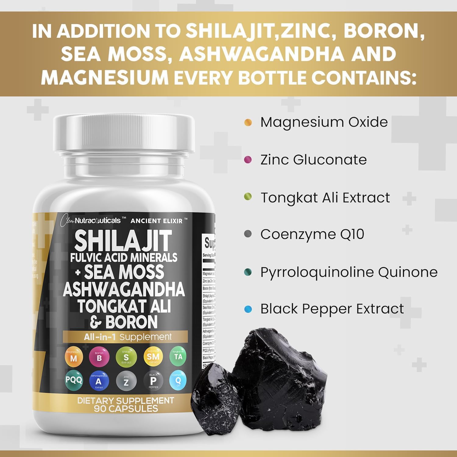 Clean Nutraceuticals Shilajit Supplement 10,000mg with Sea Moss 6000mg, Ashwagandha 6000mg, Tongkat Ali, Boron, Magnesium - Fulvic Acid Capsules for Men - 90 Count : Health & Household