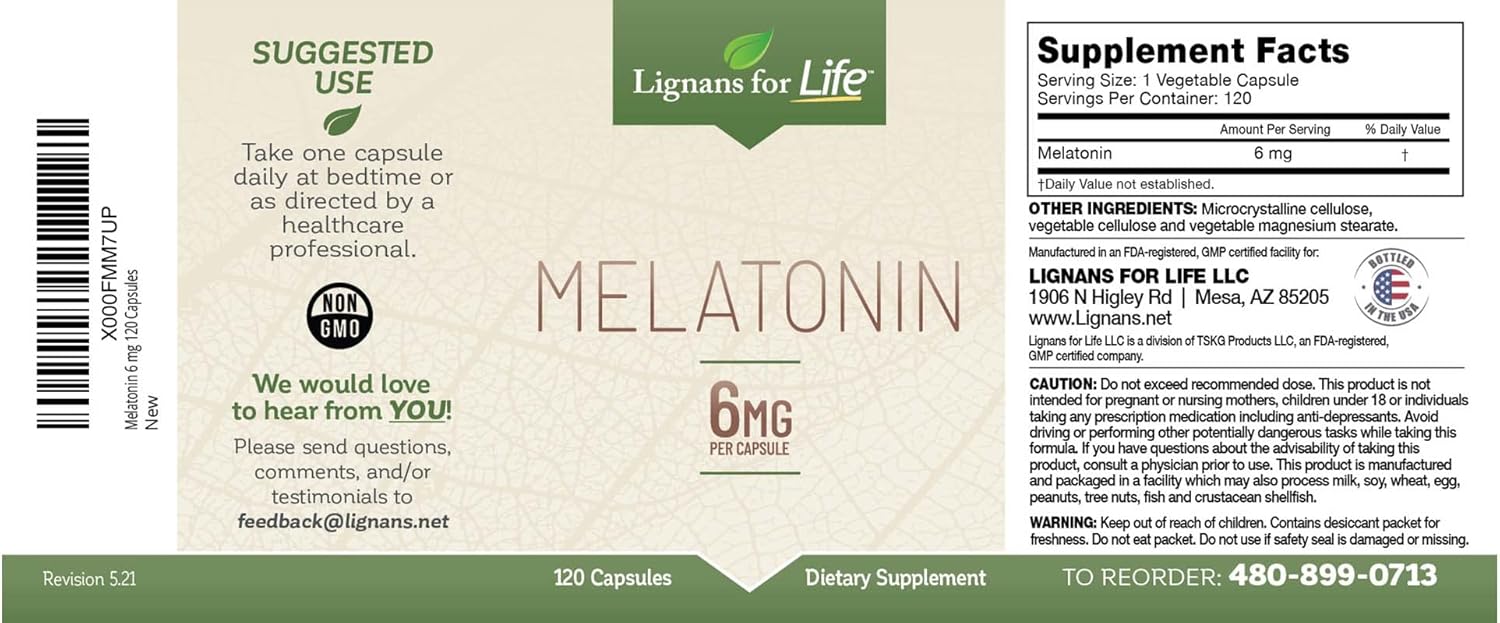 Lignans For Life Melatonin for Dogs & People, 6mg - 120 Capsules - Dog Melatonin Capsules - Lignans and Melatonin for Dogs - Pet Melatonin Dogs - Melatonin Dog Treats - Vitamins for Overall Health : Health & Household