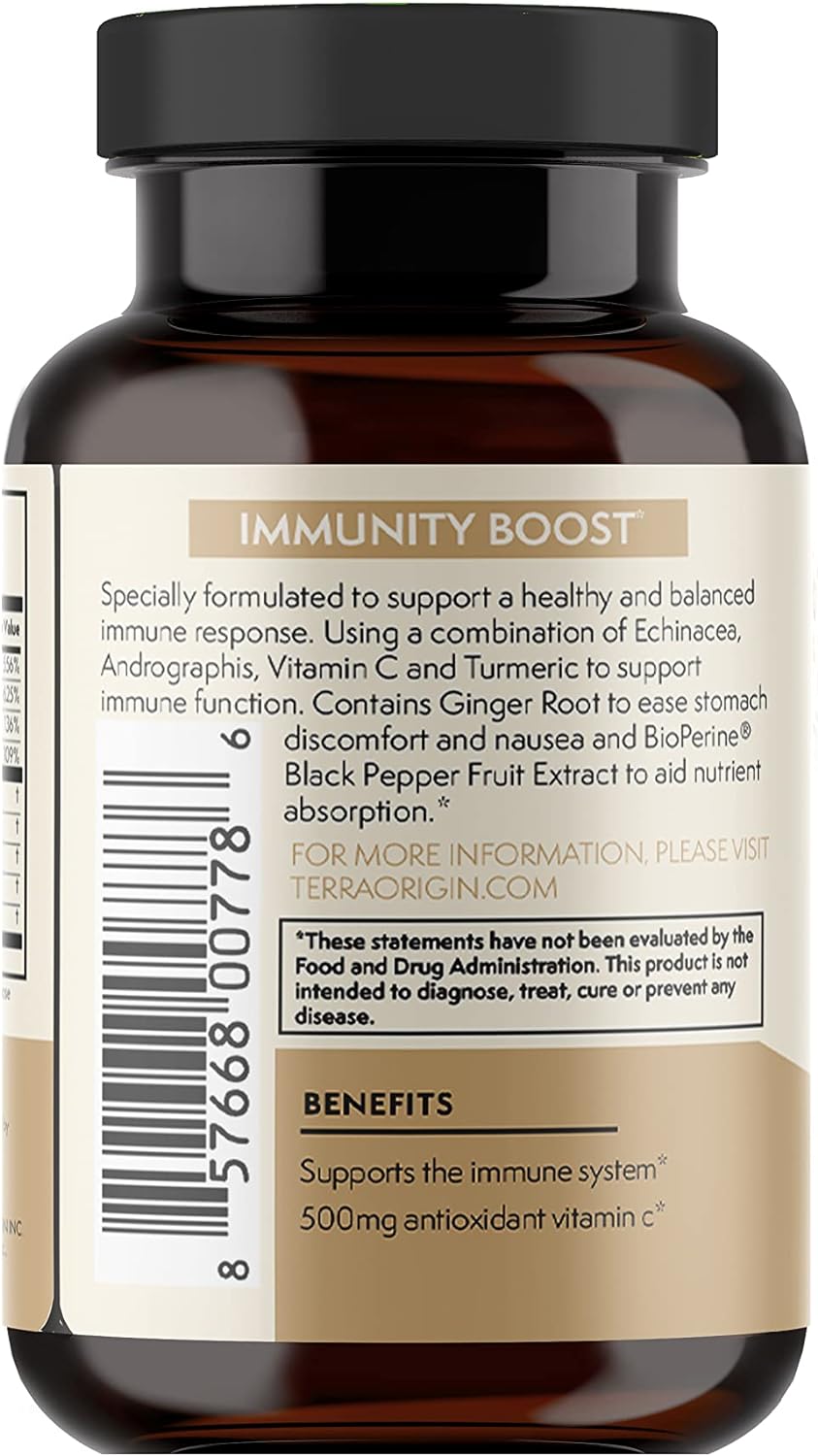 TERRA ORIGIN Immunity Boost Tablets Vitamin C, Vitamin D, Echinacea, Selenium, Turmeric, Andrographis, Ginger Root, Zinc with BioPerine(R) : Health & Household