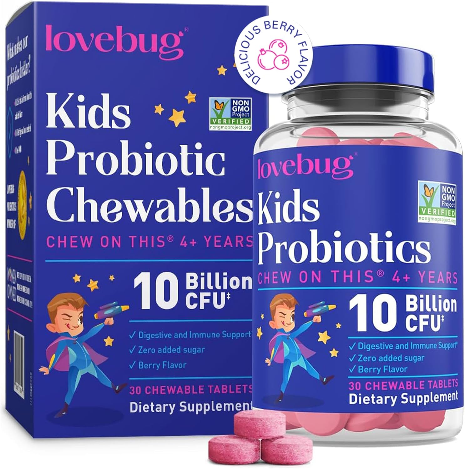 Lovebug Probiotics For Kids – Probiotic Chewables With Prebiotic Fiber For Age 4+, Daily Children'S Gut Health, Constipation, Digestive & Immune Support Supplement, Sugar-Free Berry Flavor, 60 Ct