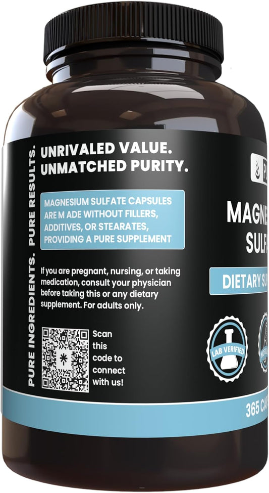 Pure Original Ingredients Magnesium Sulfate (365 Capsules) No Rice Fillers, Always Pure, Lab Verified