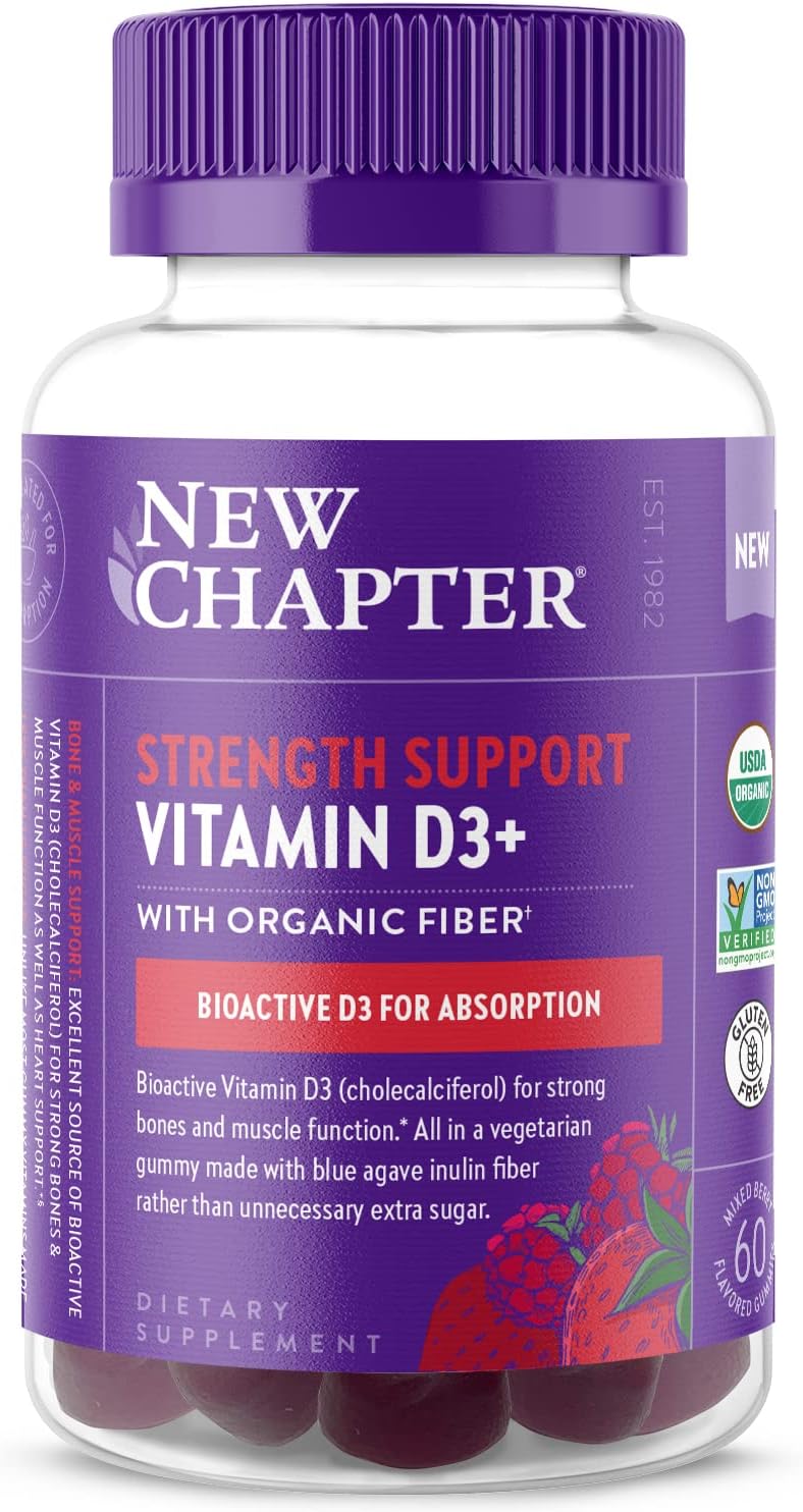 New Chapter Organic Vitamin D3+ Gummies ? 72% Less Sugar?, 1,000 IU USDA Organic Vitamin D, ONE Daily Gummy for Strong Bones & Muscle Function, Non-GMO, Gluten Free, Mixed Berry avored, 60ct