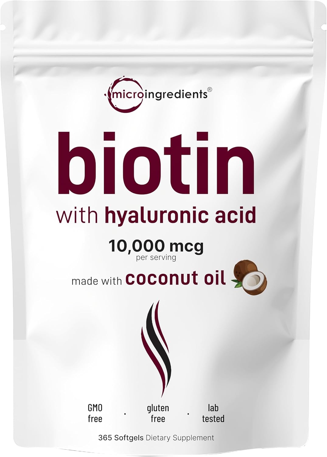 Micro Ingredients Biotin 10,000Mcg W/Hyaluronic Acid 25Mg | 365 Virgin Coconut Oil Softgels, Fast Release, One Year Supply, Supports Healthy Hair, Skin & Nails, Non-Gmo & No Gluten