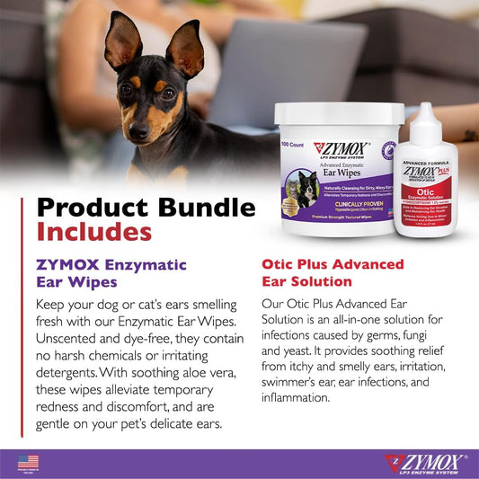 Zymox Enzymatic Ear Wipes And Otic Plus Advanced Ear Solution For Dogs And Cats - Product Bundle - For Dirty, Waxy, Smelly Ears And To Soothe Ear Infections, 100 Count Wipes And 1.25Oz Bottle