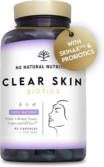 Probiotics For A Healthy Skin. Reduces Spots & Imperfections. Anti Acne Effect. Improves Elasticity, Firmness & Luminosity. With Skinax²™, Zinc & Vitamins. 45 Capsules. Ce. Vegan. N2 Natural Nutrition