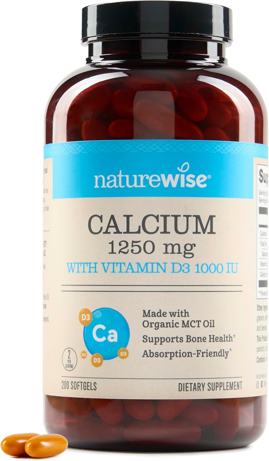 Naturewise Calcium 1250Mg With Vitamin D3 1000Iu - Bone Health And Immune System Supplement - Absorption Friendly, Made W/Organic Mct Coconut Oil, Non-Gmo, Gluten Free - 200 Softgels[100-Day Supply]