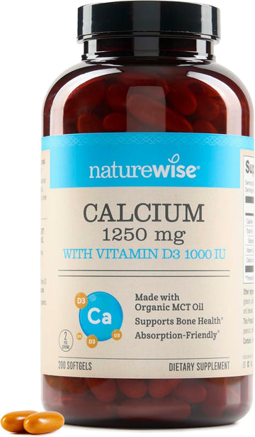 Naturewise Calcium 1250Mg With Vitamin D3 1000Iu - Bone Health And Immune System Supplement - Absorption Friendly, Made W/Organic Mct Coconut Oil, Non-Gmo, Gluten Free - 200 Softgels[100-Day Supply]