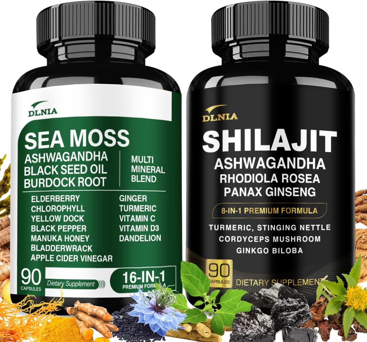 Shilajit 9000Mg, Sea Moss 17500Mg, Ginger & Black Seed Oil 4000Mg, Ashwagandha 5000Mg, Rhodiola Rosea, 1000Mg Panax Ginseng 1500Mg, All In 1 Supplement - Sea Moss & Shilajit Vitality Bundle