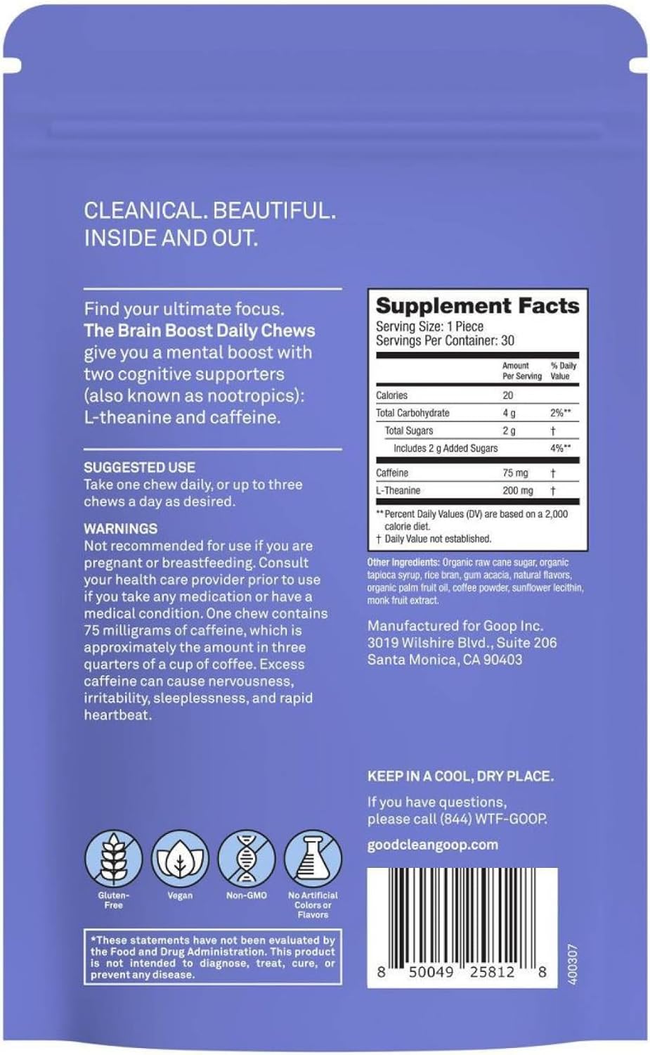 good.clean.goop wellness The Brain Boost Daily Chews | Dietary Supplement for Energy and Focus | L-theanine & Caffeine | Caffe Latte Flavored | Brain Booster with Nootropics | Pack of 30 Chews | Vegan : Health & Household