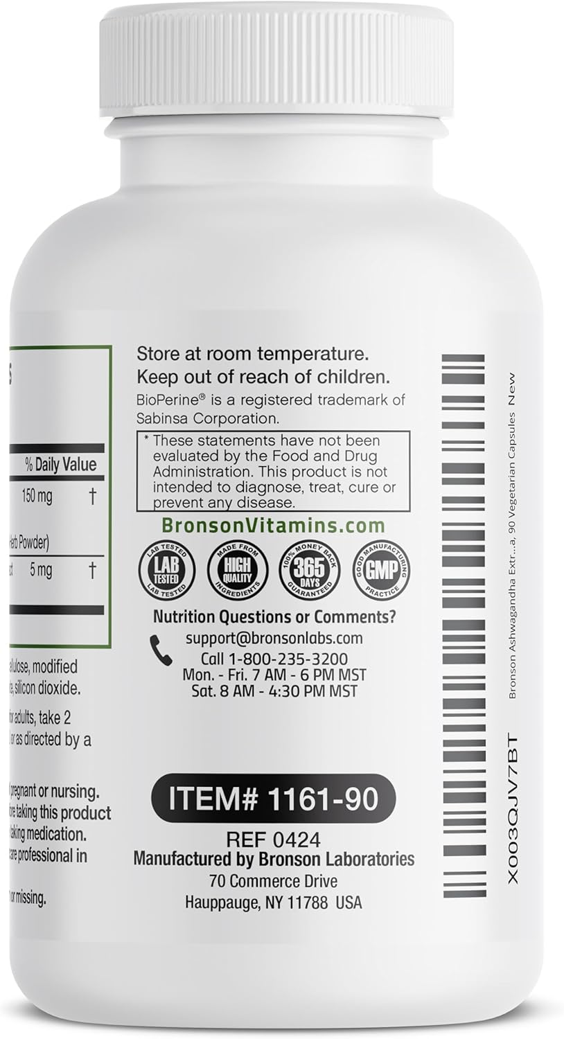 Bronson Ashwagandha Extra Strength Stress & Mood Support with BioPerine - Non GMO Formula, 90 Vegetarian Capsules : Health & Household