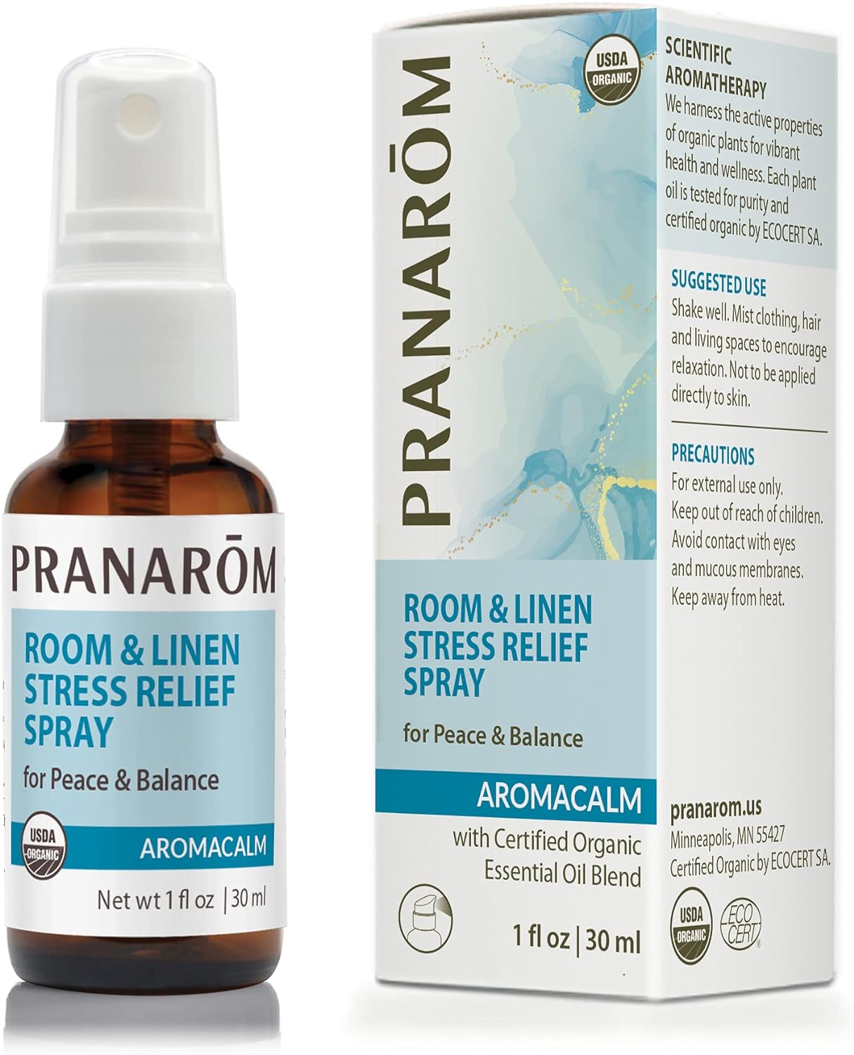 Pranarom - Aromacalm Room & Linen Stress Relief Spray (1oz / 30ml) - Orange, Bergamot, Lavender, Ylang Ylang - Essential Oil for Relaxation and Air Purification|USDA and ECOCERT Certified Organic