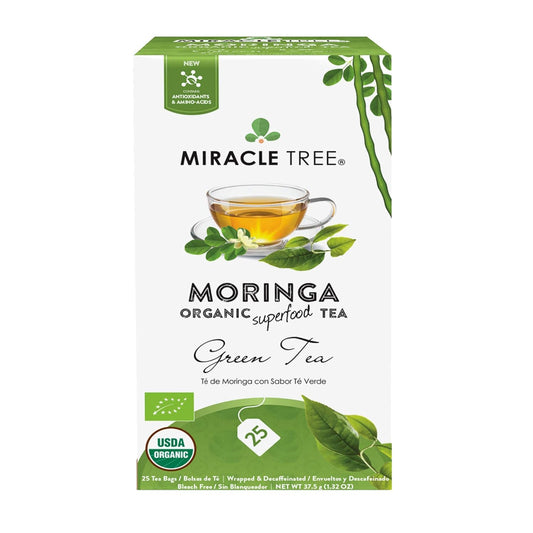 Miracle Tree - Organic Moringa Superfood Tea, 25 Individually Sealed Tea Bags, Green Tea (Keto, Detox, Energy & Immunity Booster, Vegan, Gluten-Free, Organic, Non-GMO, Decaffeinated)