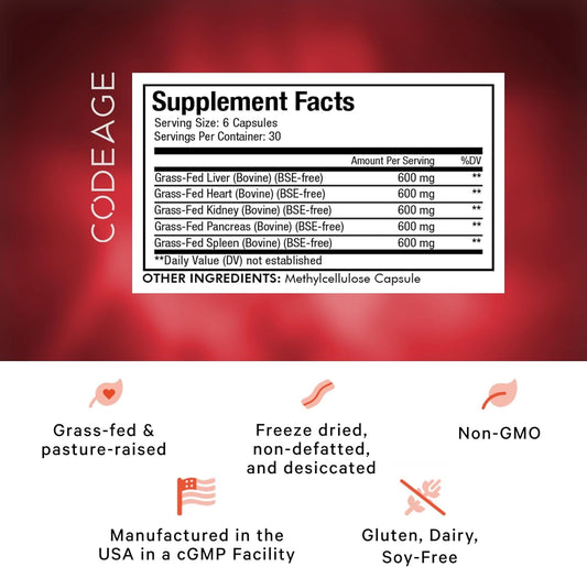 Codeage Grass Fed Beef Organs Supplement – Glandulars Supplements - Freeze Dried, Non-Defatted, Desiccated Liver, Heart, Kidney, Pancreas & Spleen Bovine Pills – Beef Vitamins - Non-Gmo -180 Capsules