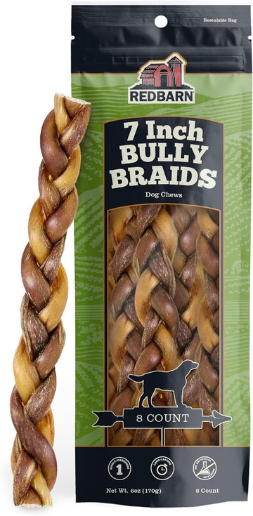 Redbarn All-Natural 7" Braided Bully Sticks For Dogs - Premium Slow Roasted Long Lasting Chews Made With 100% Beef - Healthy Single Ingredient Low Odor Rawhide Free - 8 Count - Packaging May Vary