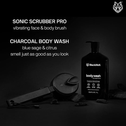 Black Wolf Body Wash & Sonic Scrubber Pro Kit for Men - Vibrating Face & Body Brush with Charcoal Powder Shower Gel, Water Resistant Massage Brush & Salicylic Acid Body Wash, Rich Lather & Deep Clean