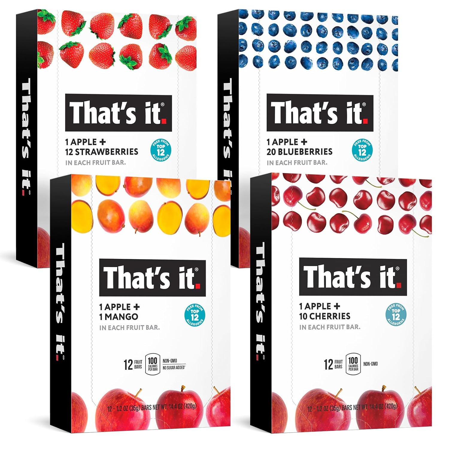 That'S It. (48 Count) Variety Pack | Strawberry, Blueberry, Mango & Cherry Flavors | 100% Natural Real Fruit Bars. Strawberry. Plant-Based, Vegan, Gluten-Free. No Added Sugar. Top 12 Allergen Free