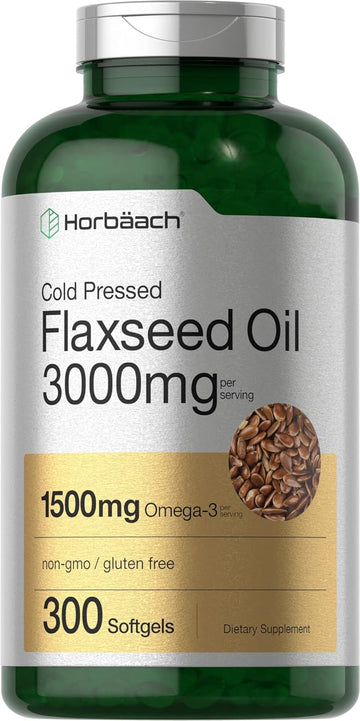 Horbäach Flaxseed Oil Softgel Capsules 3000Mg | 300 Count | High Potency | With Omega 3 6 9 | Non-Gmo, Gluten Free | Cold Pressed Flax Seed