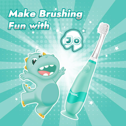 Papablic Toddler Sonic Electric Toothbrush for Ages 1-3 Years, Baby Electric Toothbrush with Cute Dino Cover and Smart LED Timer, 2 Brush Heads (Jo)