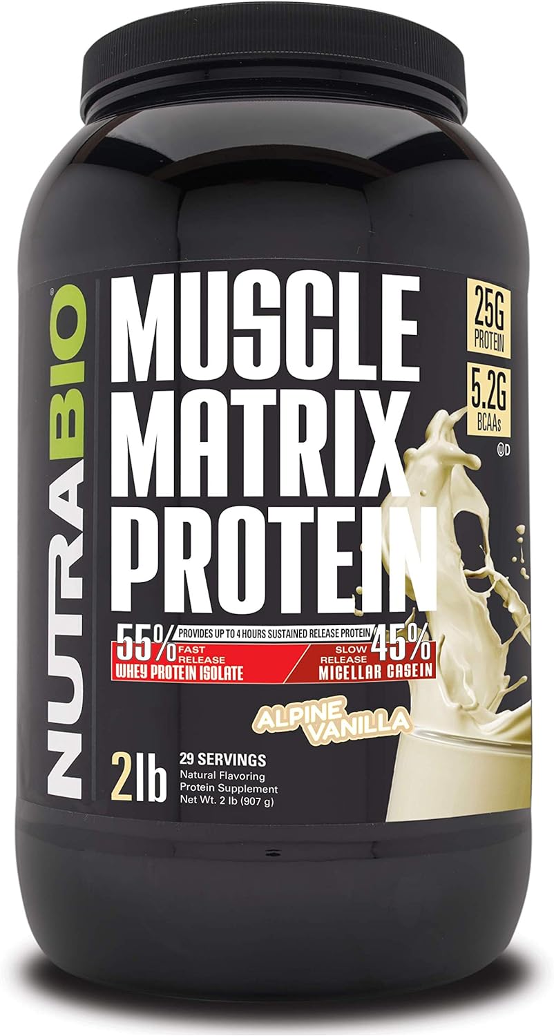 NutraBio Muscle Matrix Protein Powder - 25g of Protein Per Scoop - Whey Isolate and Micellar Casein Combo for Fast and Slow Release - Vanilla - 2 Pounds, 28 Servings