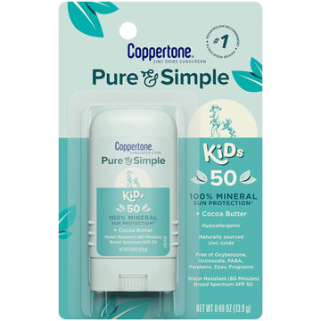 Coppertone Pure and Simple Sunscreen Stick SPF 50, Zinc Oxide Mineral Sunscreen Stick for Kids, Tear Free, Water Resistant, Broad Spectrum, 0.49 Oz Stick