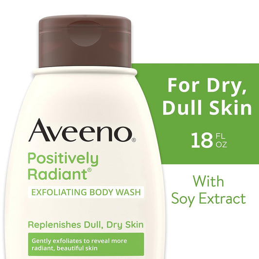 Aveeno Positively Radiant Exfoliating Body Wash With Soy Extract, Lightly Scented Body Cleanser Replenishes Dull, Dry Skin & Exfoliates To Reveal More Radiant, Beautiful Skin, 18 Fl. Oz