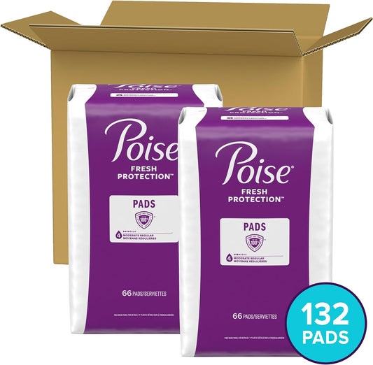 Poise Incontinence Pads & Postpartum Incontinence Pads, 4 Drop Moderate Absorbency, Regular Length, 132 Count (2 Packs of 66), Packaging May Vary