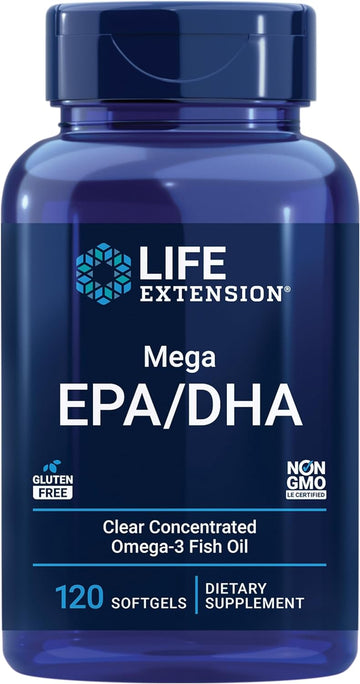 Life Extension Mega Epa/Dha, Omega-3 Fatty Acids, Heart & Brain Health, Inflammation Health Support, Non-Gmo, Gluten-Free, 120 Softgels