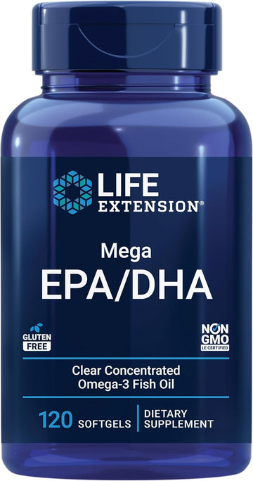 Life Extension Mega Epa/Dha, Omega-3 Fatty Acids, Heart & Brain Health, Non-Gmo, Gluten-Free, 120 Softgels