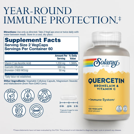 Solaray Quercetin With Bromelain And Vitamin C - Immune Support Supplement - Antioxidant And Heart Health Complex With Quercetin 500Mg And 1235Mg Vit C - Vegan, 60-Day Guarantee, 60 Serv, 120 Vegcaps