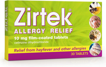 Zirtek Allergy Relief Antihistamine Tablets | 30 Allergy Tablets 10Mg| Hayfever, Dust, Pets, And Hives | Cetirizine Antihistamine Tablet | Relieve Allergic Symptoms | Adults And Children Over 6 Years