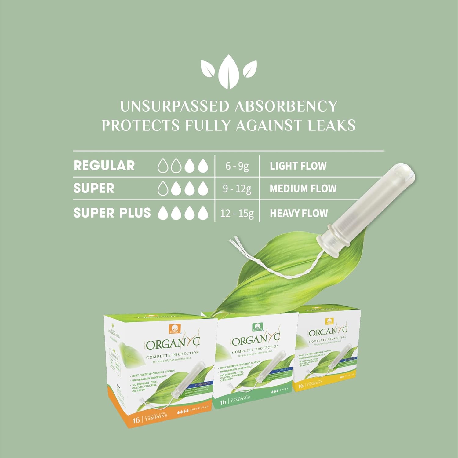 Organyc 100% Certified Organic Cotton Tampons, Plant-Based Eco-Applicator, Super Flow, 16 Count : Health & Household