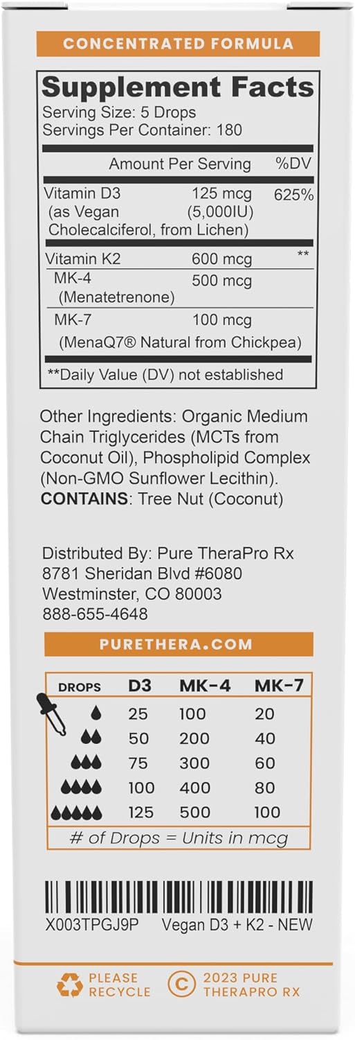 Vegan D3 + K2 Organic 100% Liposomal | 180 Servings | Maximum Absorption Vitamin D3 And Vitamin K2 Supplements For Men And Women, D3 Vitamin 5000 Iu, Liquid Vitamin D3 With K2 - 20 Ml Bottle