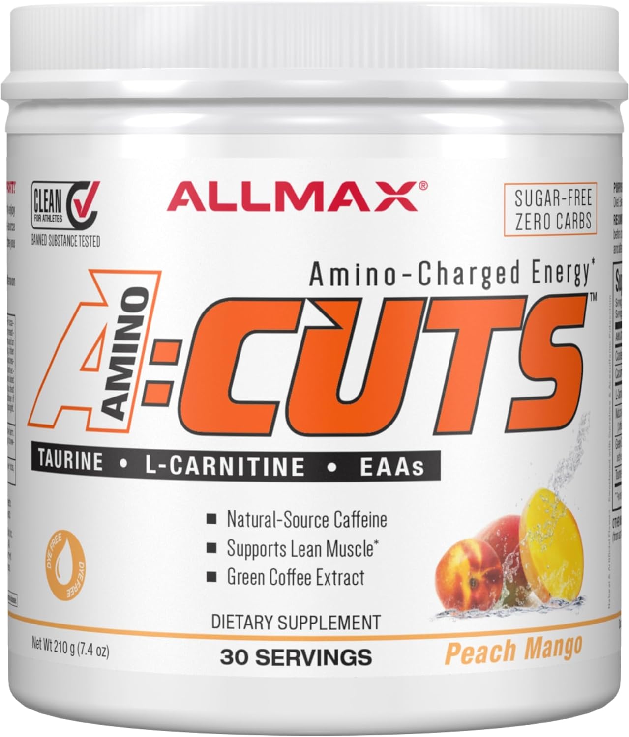 Allmax Nutrition Aminocuts (Acuts), Amino-Charged Energy Drink With Taurine, L-Carnitine, Green Coffee Bean Extract, Peach Mango, 30 Servings