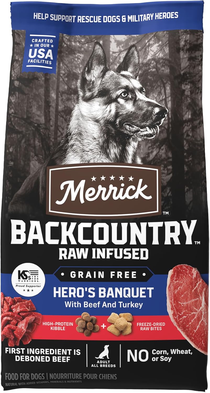 Merrick Backcountry Grain Free Dry Adult Dog Food, Kibble With Freeze Dried Raw Pieces, Hero’S Banquet Recipe - 20.0 Lb. Bag