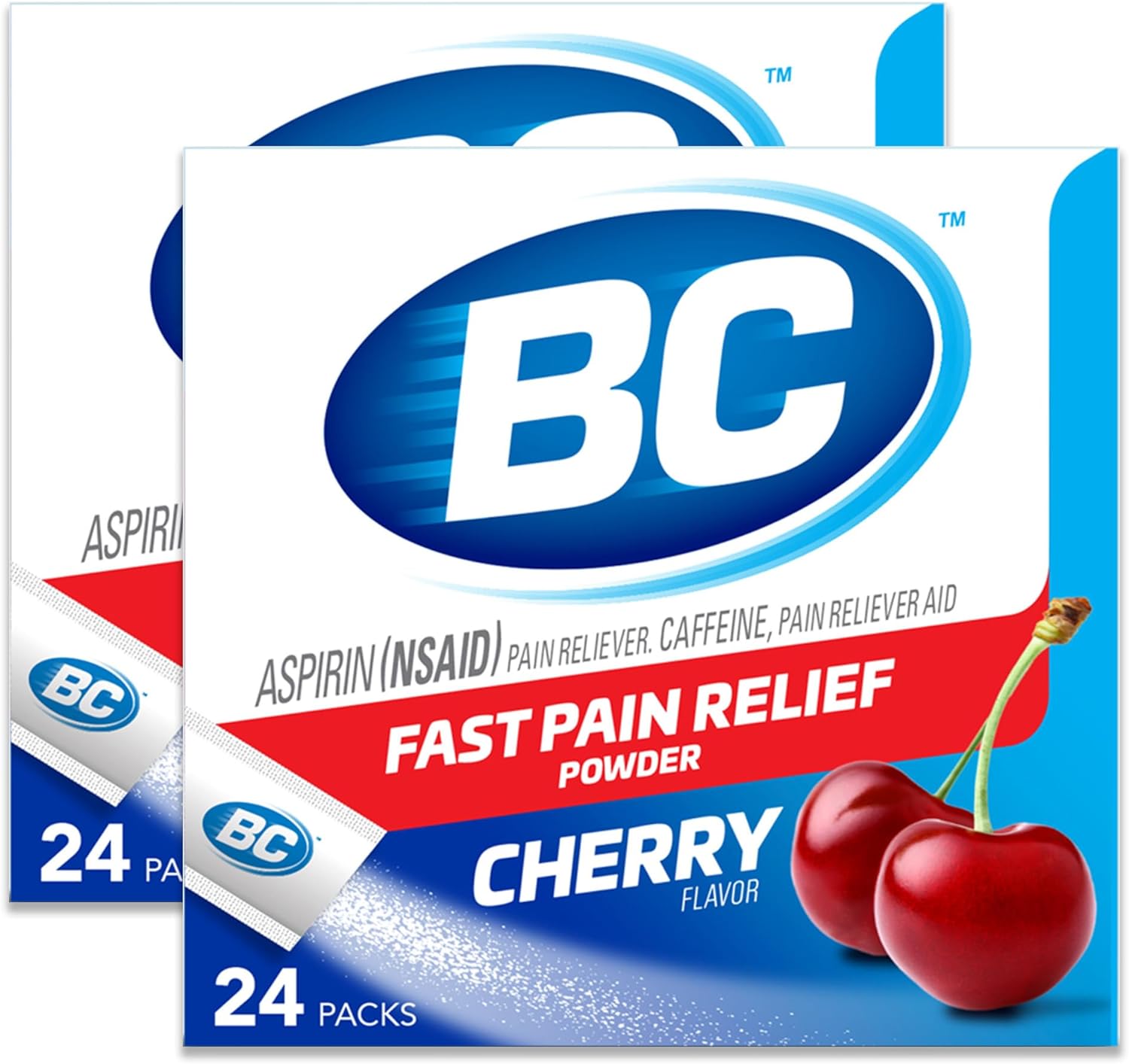 BC Powder Pain Reliever, Cherry Flavor Aspirin Dissolve Packs, 24 Count Powder Packets (2 Pack)