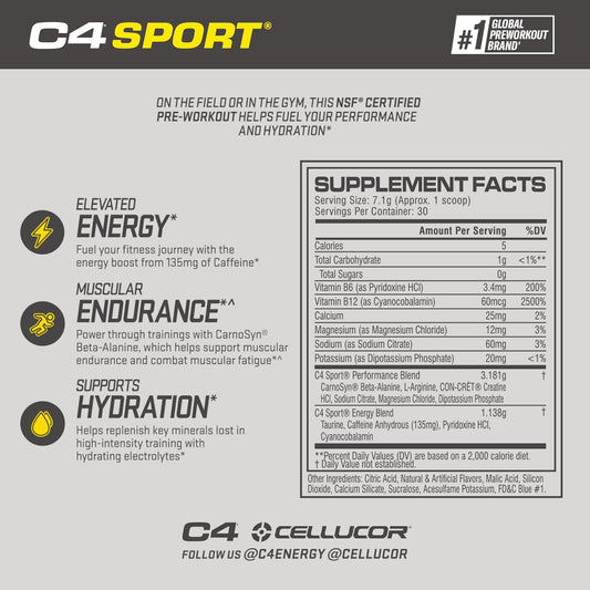 Cellucor C4 Sport Pre Workout Powder Blue Raspberry - Pre Workout Energy With Creatine + 135Mg Caffeine And Beta-Alanine Performance Blend - Nsf Certified For Sport 30 Servings